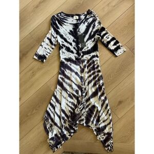 Tie-Dye Black & Cream Asymmetrical Handkerchief Hem Dress